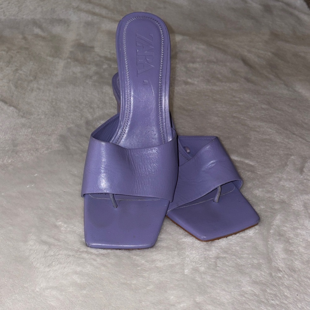 Zara Lilac Leather Square-Toe Toe-Loop Slides Gently Loved 38